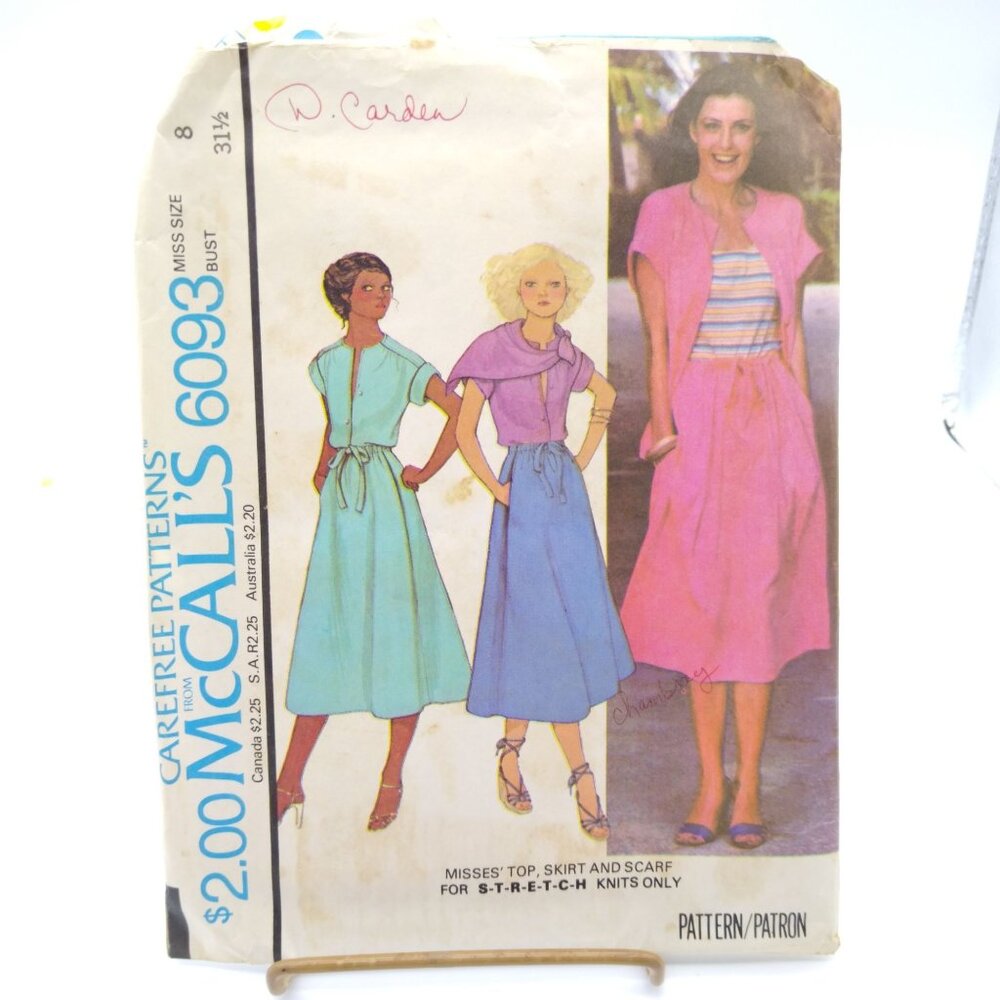 UNCUT Vintage Sewing PATTERN McCalls 6093, Misses Carefree 1978 Top Skirt